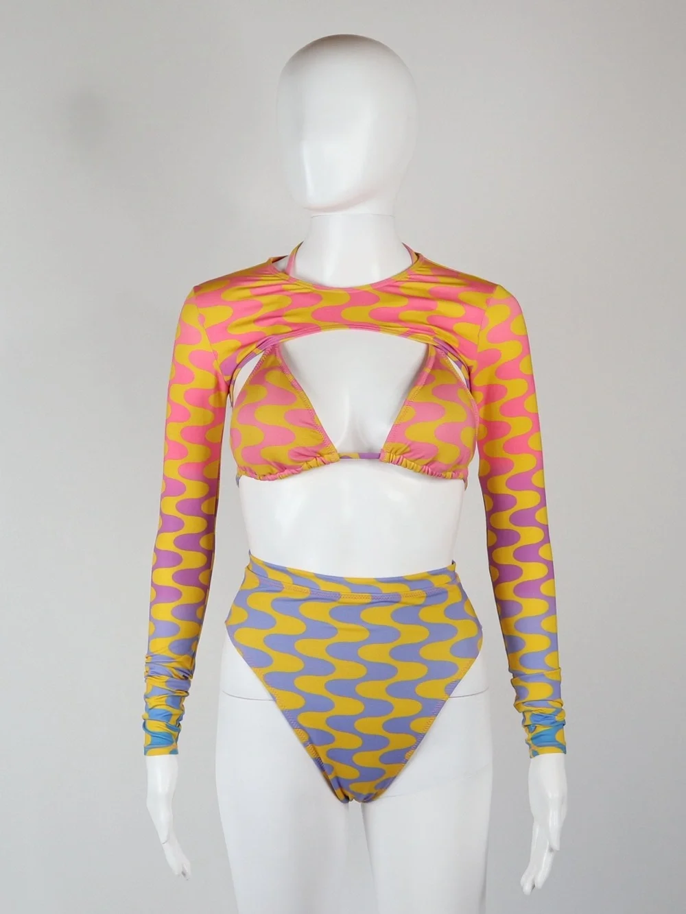 FENSI | 3 Piece Women's Pink & Yellow Patterned Long-Sleeve Bikini Set